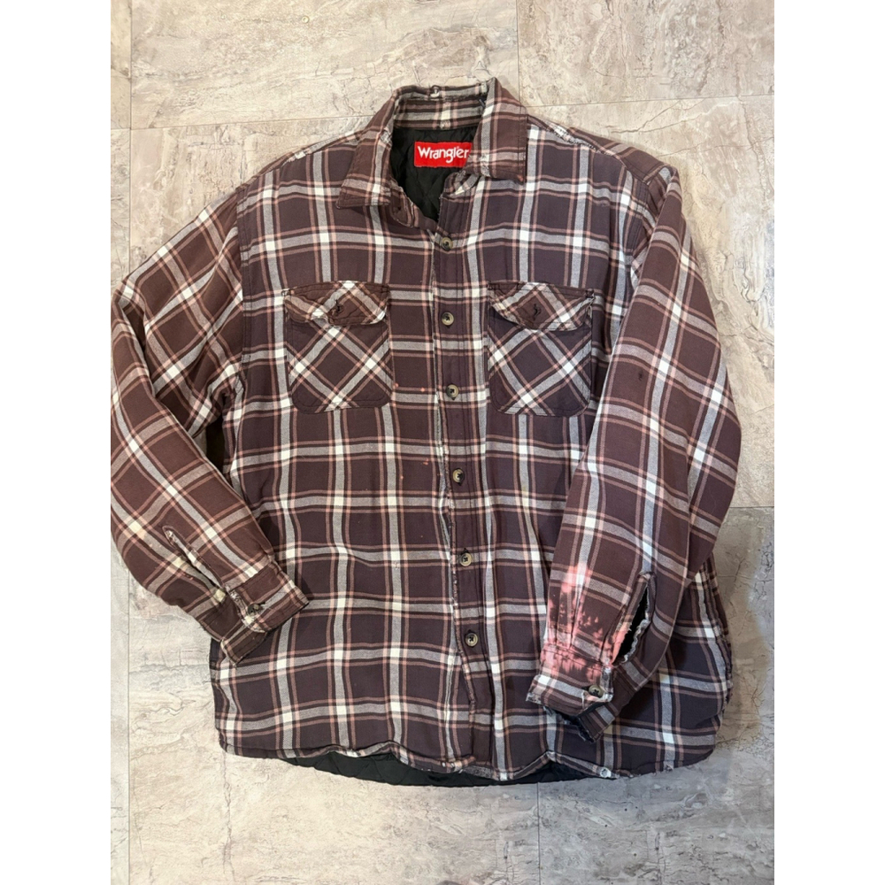 Wrangler Flannel Purple Plaid Shacket Mens Sz M Quilt Lined Bleached Distressed